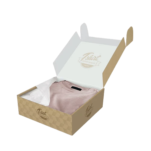 Elegant cardboard apparel box, featuring a brand logo and an apparel item wrapped in branded tissue paper