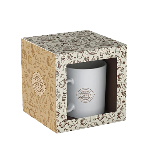 Window boxes for mugs and ceramics, featuring robust cardboard material and matte finish