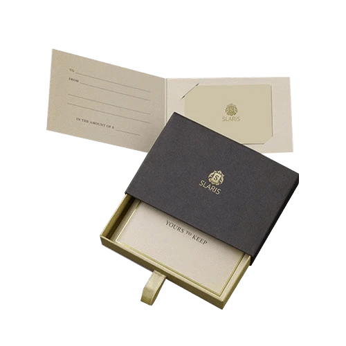 Foiled business card boxes with folded inlay insert for individual card give away