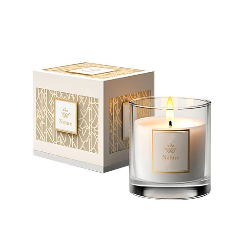 Premium candle packaging showcasing a box and jar, including gold foil pattern and product label