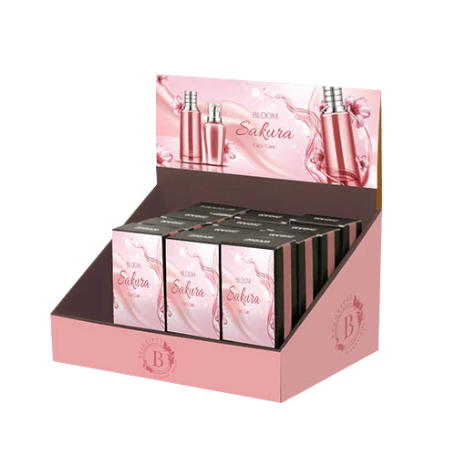 Custom display box on card stock with full color printing and shiny gloss lamination, ideal for cosmetic products
