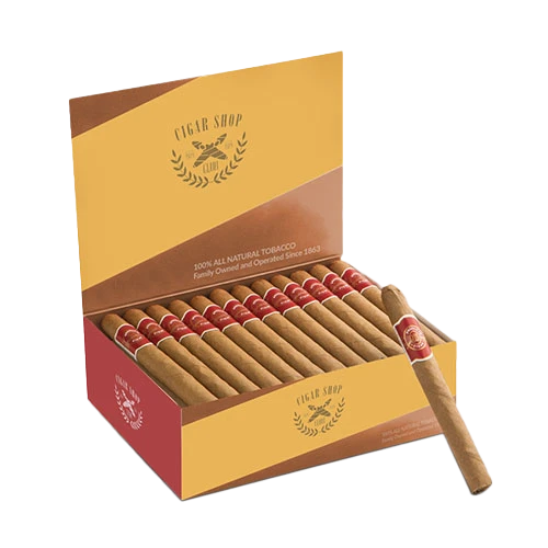 Elegant recycled cigar display box open to display a row of hand-rolled cigars, each including a gold foil label on it
