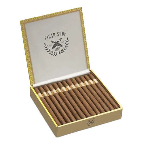Luxurious cigar rigid packaging, displaying a collection of premium cigars lined up inside