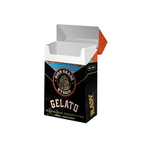A flip-top cigarette box with a vibrant graphic design and gloss finish