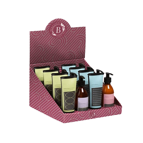 Custom display box for cosmetic retail products, featuring colorful pattern printing and packaging inserts