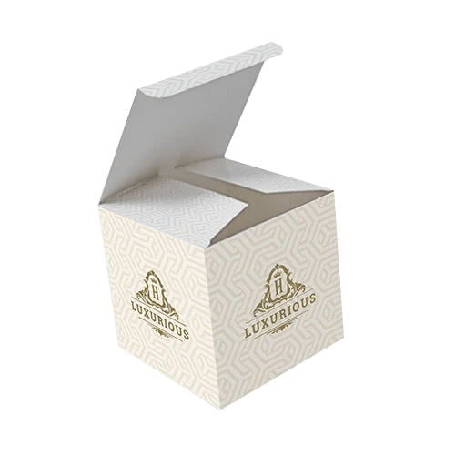 A cube-shaped box with a glossy finish, featuring a hot foil logo and a design pattern.