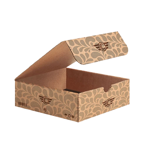 Mailer style e-commerce packaging on recycled kraft corrugated material, including custom printing