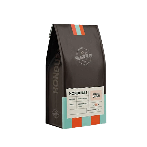 An eco-friendly gable-style bag with a company logo, ideal for coffee and food products.