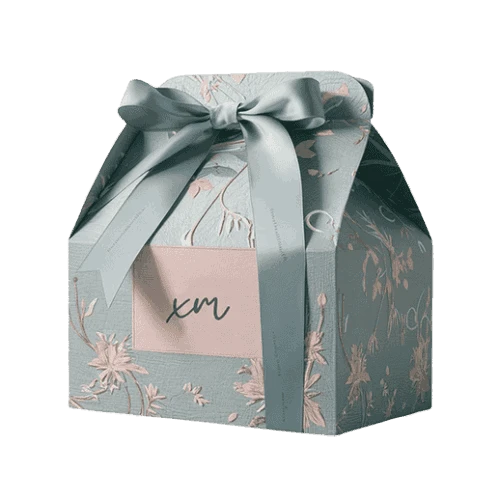 Branded packaging with a gable top handle and personalized ribbon, perfect for gift packaging.