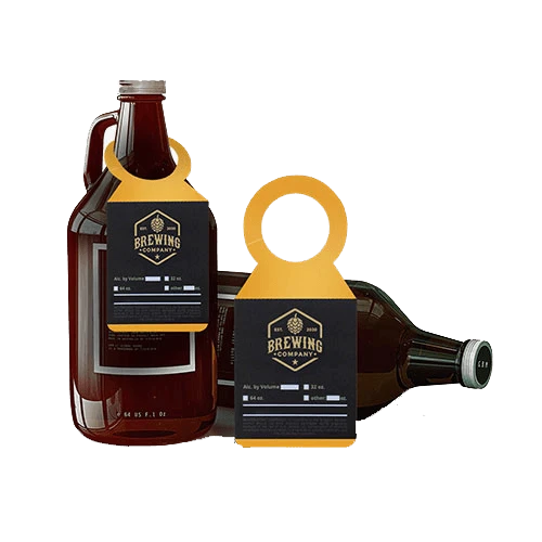 Cardboard growler tag wrapped around the neck of a glass beer growler, with personalized brewery logo