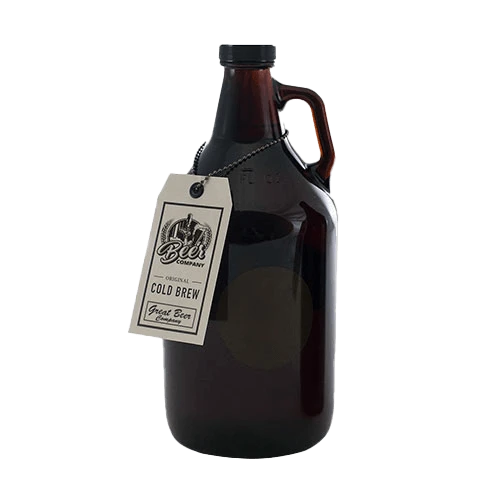 Custom printed paper growler tag hanging from the neck of a growler, detailing the brand logo and colours