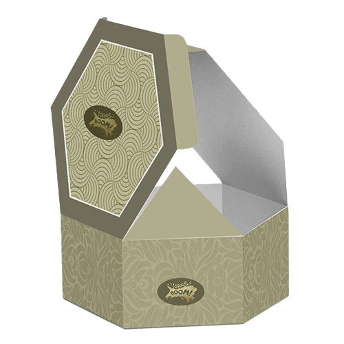 Vibrant, eco-friendly hexagon box made from recycled materials, suitable for retail packaging.