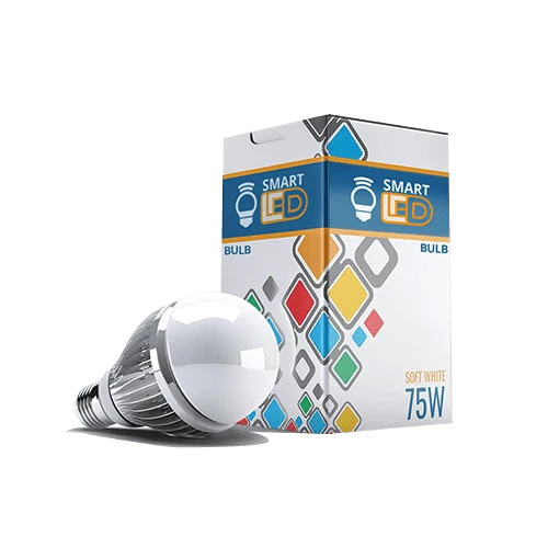 Sleek, modern design on a product box of LED light bulbs, with a colourful design representing energy and efficiency