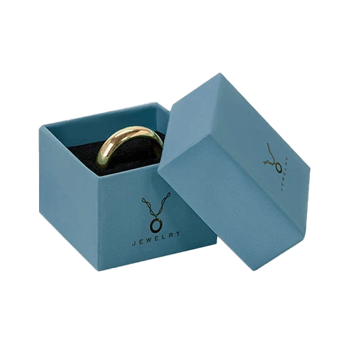 Two-piece jewelry box with full-color printing and PU insert, including die cuts to hold rings