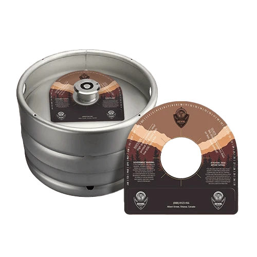 Custom shape keg collar secured around the neck of a keg, showing the beer’s detail