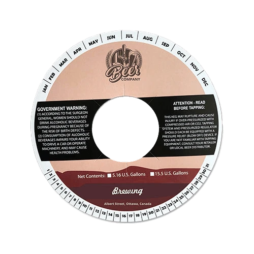 Custom-printed keg collar, providing detailed brewing notes and barcode for inventory management