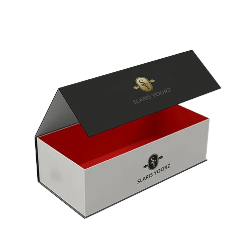 Foil one piece rigid box with golden foil logo and magnetic lock feature