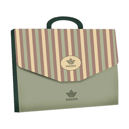 Colorful, patterned paper briefcase box with a velcro closure and sturdy handle, perfect for gift packaging