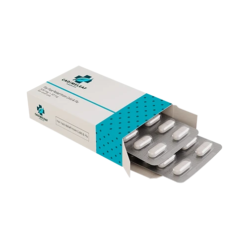 Custom printed pharmaceutical box, featuring a blister pack with individual pill compartments