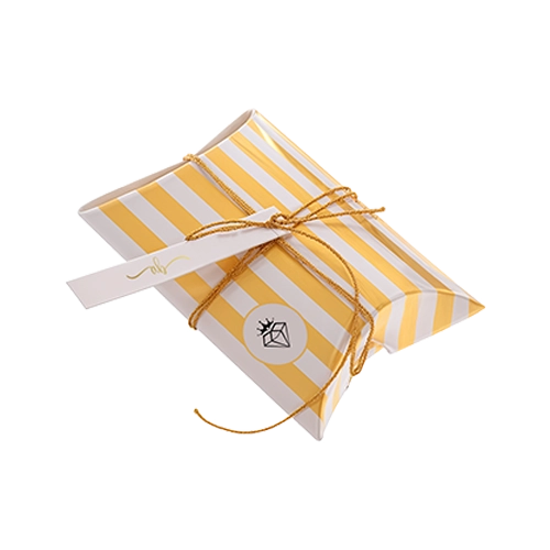White pillow-shaped box with a decent matte lamination and golden cord, perfect for small gifts.