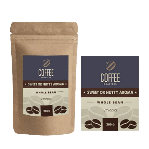 Recycled coffee labels with coffee packaging, displaying a unique design and eco-friendly packaging solution