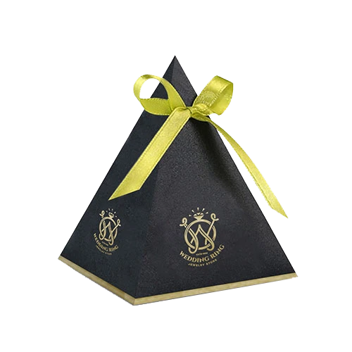 Black pyramid gift box with a ribbon tie, great for festive gift packaging.