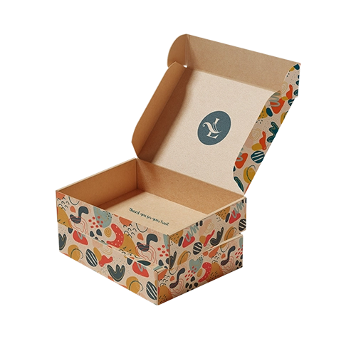 Mailer style shipping boxes with multi-color printing on eco-friendly kraft corrugated material