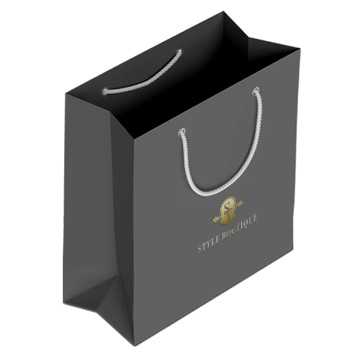 Black paper bag with foil logo and black rope handles, ideal for premium apparel brands