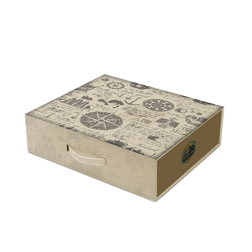 Vintage-inspired suitcase box with white handle, perfect for themed packaging.