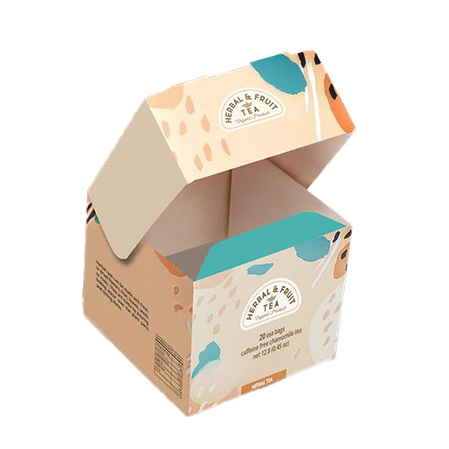Colourful, patterned T-shaped box with a secure lid, designed for tea packaging.