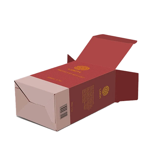 Branded tuck end box with auto lock closure, including gold foil pattern printed on red card