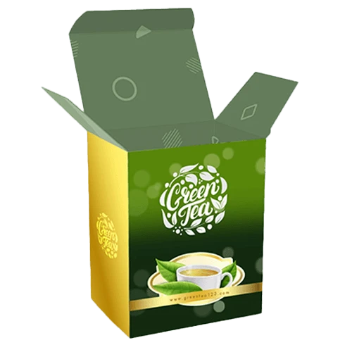 Branded tuck flap tea boxes with full-colour printing and soft touch lamination